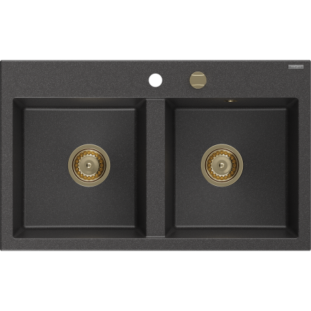 Mexen Hektor évier en granit à 2 bacs 800 x 480 mm, noir moucheté, siphon doré - 6521802000-76-G