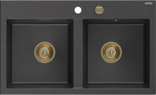 Mexen Hektor évier en granit à 2 bacs 800 x 480 mm, noir moucheté, siphon doré - 6521802000-76-G
