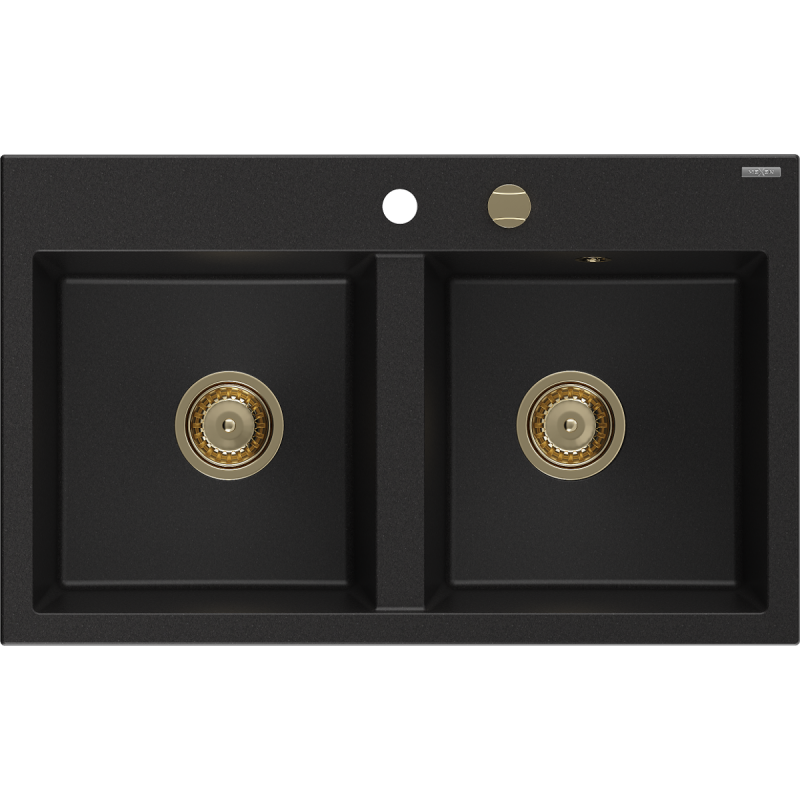 Mexen Hektor évier en granit 2 bacs 800 x 480 mm, noir, siphon doré - 6521802000-77-G