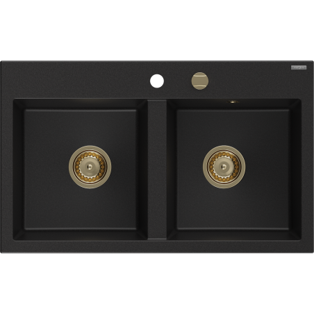 Mexen Hektor évier en granit 2 bacs 800 x 480 mm, noir, siphon doré - 6521802000-77-G