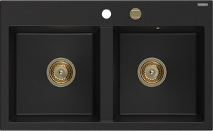 Mexen Hektor évier en granit 2 bacs 800 x 480 mm, noir, siphon doré - 6521802000-77-G