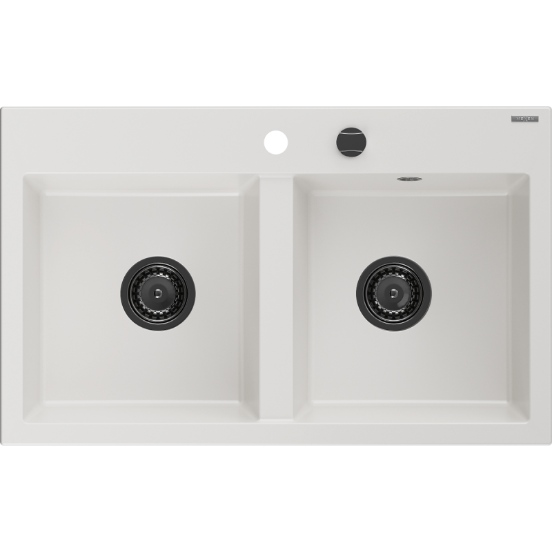 Mexen Hektor évier en granit 2 bacs 800 x 480 mm, blanc, siphon noir - 6521802000-20-B