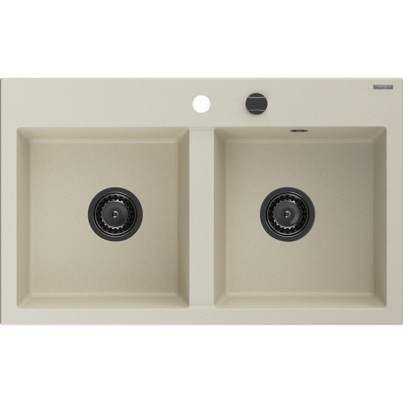 Mexen Hektor évier en granit 2 bacs 800 x 480 mm, beige, siphon noir - 6521802000-69-B