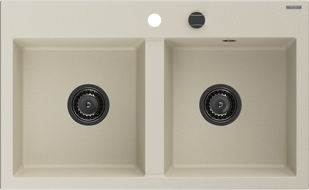 Mexen Hektor évier en granit 2 bacs 800 x 480 mm, beige, siphon noir - 6521802000-69-B