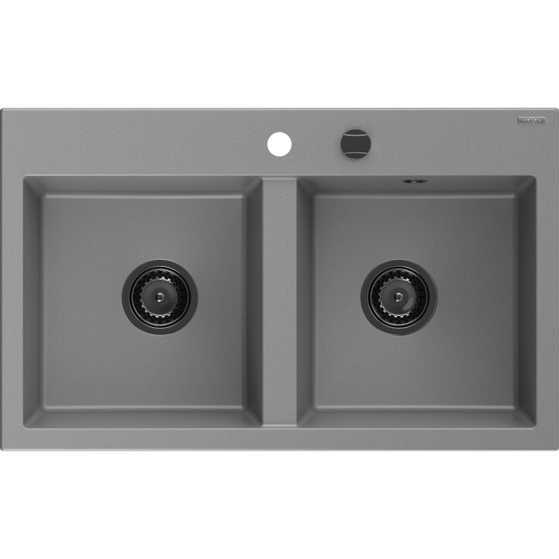 Mexen Hektor évier en granit à 2 bacs 800 x 480 mm, gris, siphon noir - 6521802000-71-B