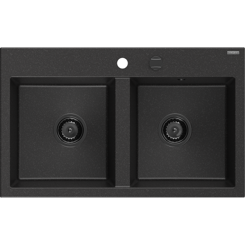 Mexen Hektor évier en granit 2 bacs 800 x 480 mm, noir/métallisé argent, siphon noir - 6521802000-73-B