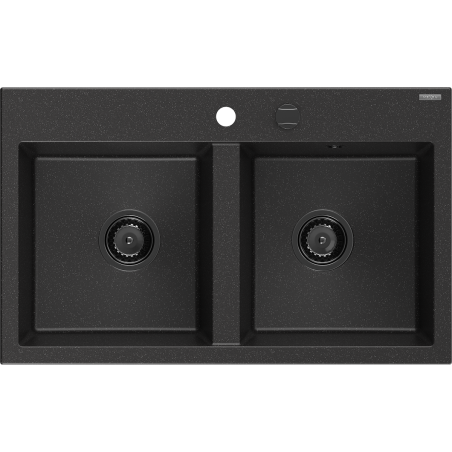Mexen Hektor évier en granit 2 bacs 800 x 480 mm, noir/argent métallique, siphon noir - 6521802000-73-B