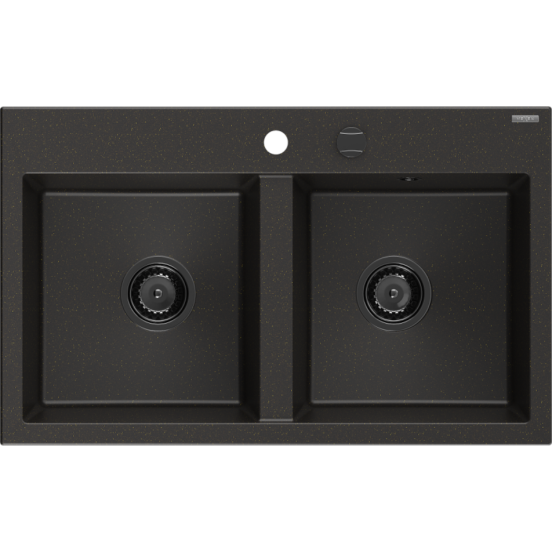 Mexen Hektor évier en granit 2 bacs 800 x 480 mm, noir/doré métallisé, siphon noir - 6521802000-75-B