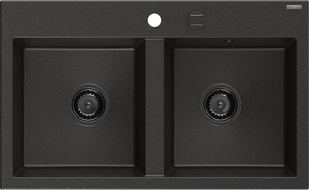 Mexen Hektor évier en granit 2 bacs 800 x 480 mm, noir/doré métallisé, siphon noir - 6521802000-75-B