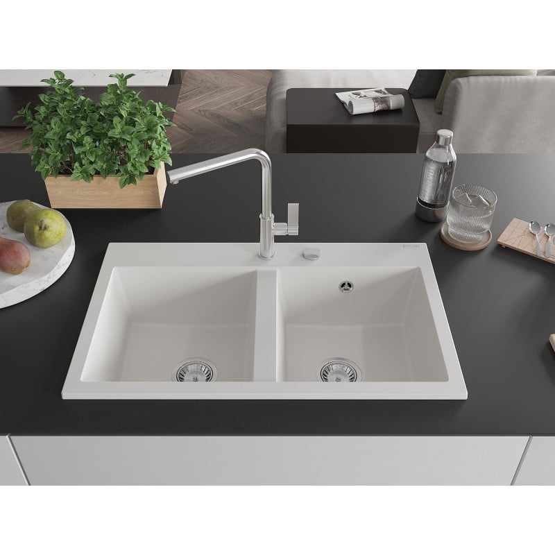 Mexen Hektor évier en granit 2 bacs 800 x 480 mm, blanc, siphon chromé - 6521802000-20