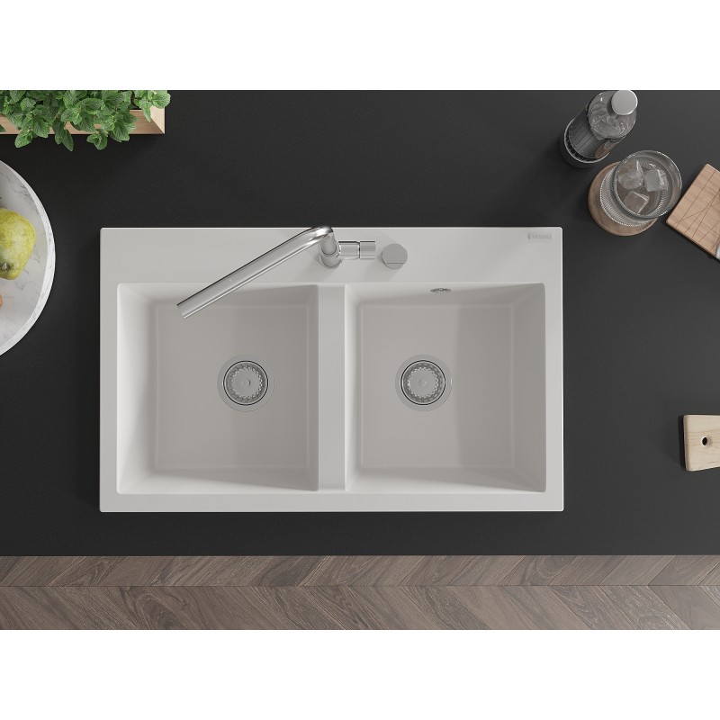 Mexen Hektor évier en granit 2 bacs 800 x 480 mm, blanc, siphon chromé - 6521802000-20