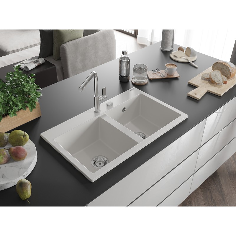 Mexen Hektor évier en granit 2 bacs 800 x 480 mm, blanc, siphon chromé - 6521802000-20