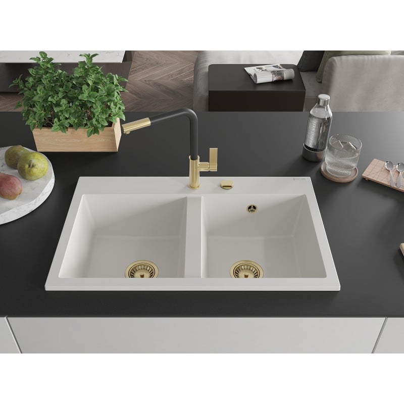 Mexen Hektor évier en granit 2 bacs 800 x 480 mm, blanc, siphon doré - 6521802000-20-G