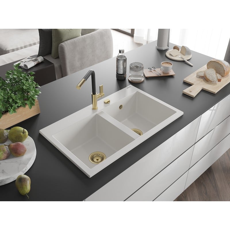 Mexen Hektor évier en granit 2 bacs 800 x 480 mm, blanc, siphon doré - 6521802000-20-G