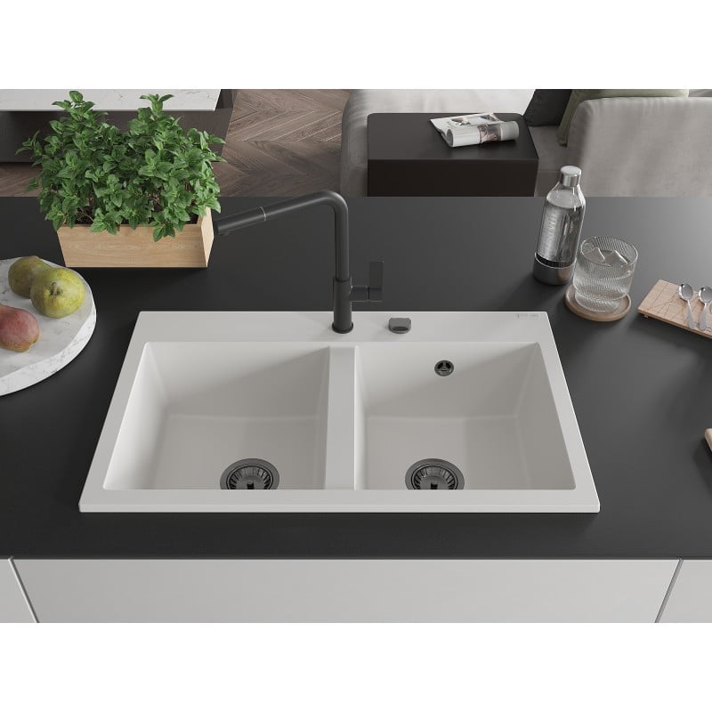 Mexen Hektor évier en granit 2 bacs 800 x 480 mm, blanc, siphon noir - 6521802000-20-B