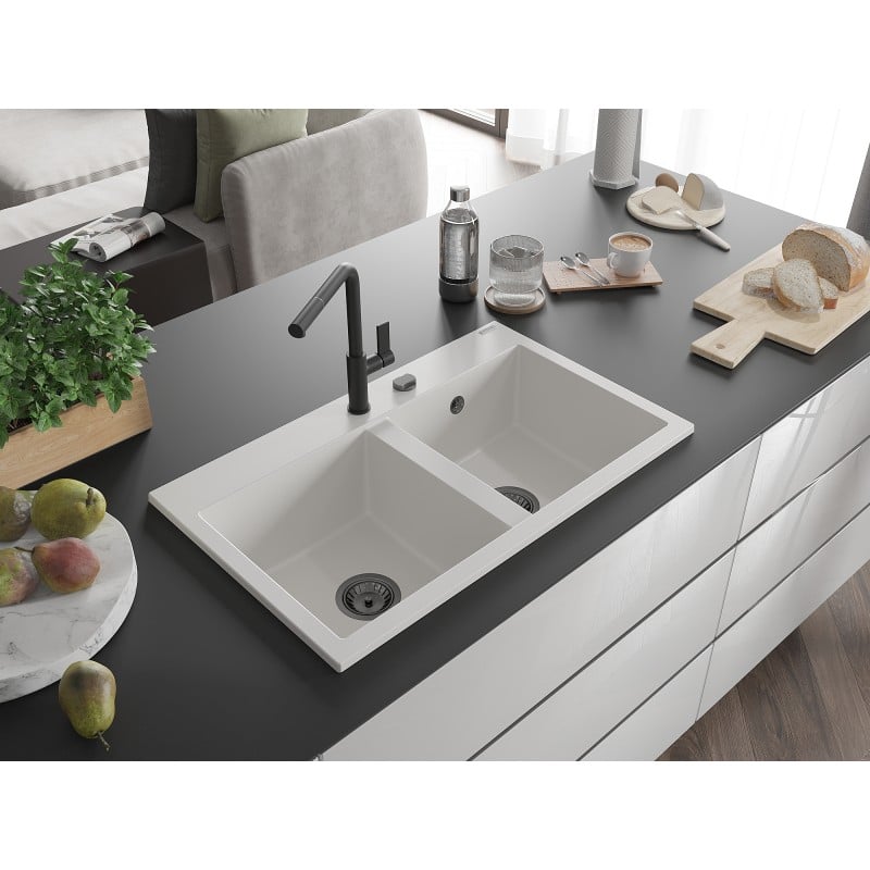 Mexen Hektor évier en granit 2 bacs 800 x 480 mm, blanc, siphon noir - 6521802000-20-B