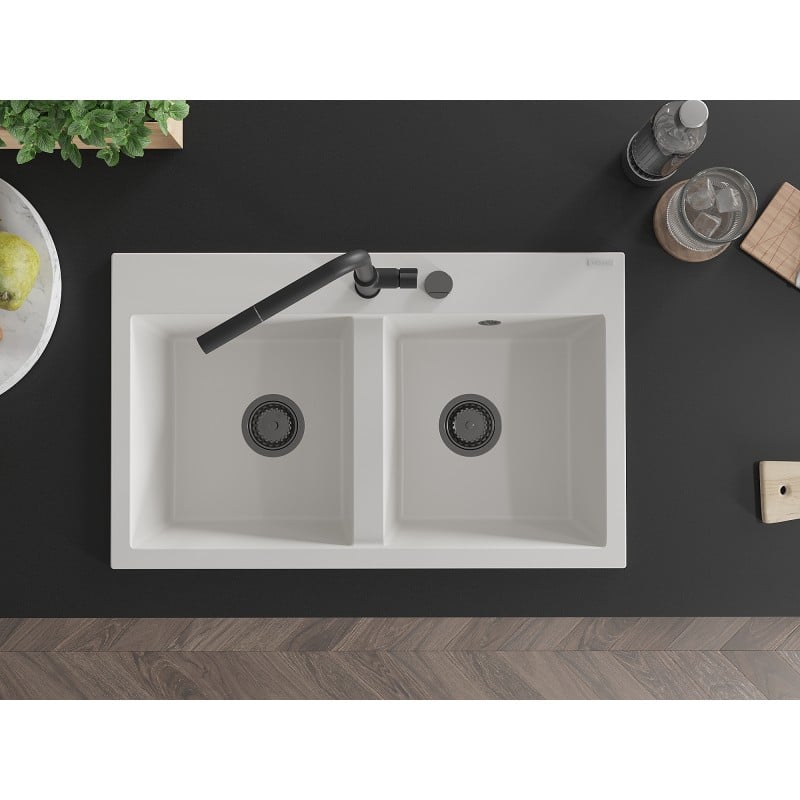 Mexen Hektor évier en granit 2 bacs 800 x 480 mm, blanc, siphon noir - 6521802000-20-B