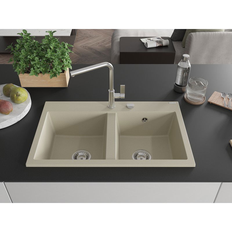 Mexen Hektor évier en granit 2 bacs 800 x 480 mm, beige, siphon chromé - 6521802000-69