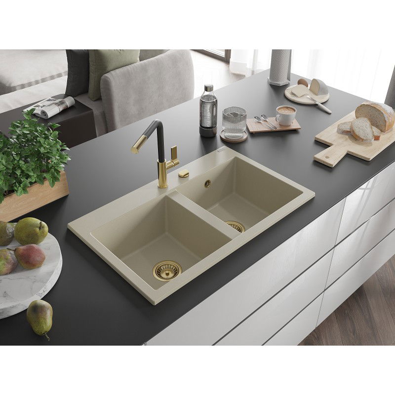 Mexen Hektor évier en granit à 2 bacs 800 x 480 mm, beige, siphon doré - 6521802000-69-G