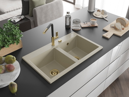 Mexen Hektor évier granit 2 bacs 800 x 480 mm, beige, siphon doré - 6521802000-69-G