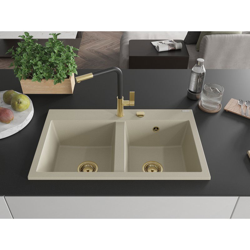 Mexen Hektor évier en granit à 2 bacs 800 x 480 mm, beige, siphon doré - 6521802000-69-G