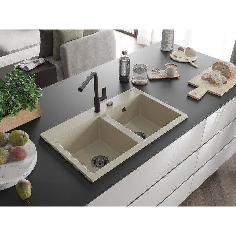 Mexen Hektor évier en granit 2 bacs 800 x 480 mm, beige, siphon noir - 6521802000-69-B