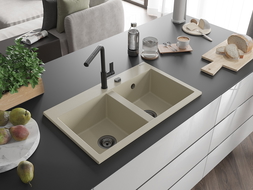 Mexen Hektor évier en granit 2 bacs 800 x 480 mm, beige, siphon noir - 6521802000-69-B