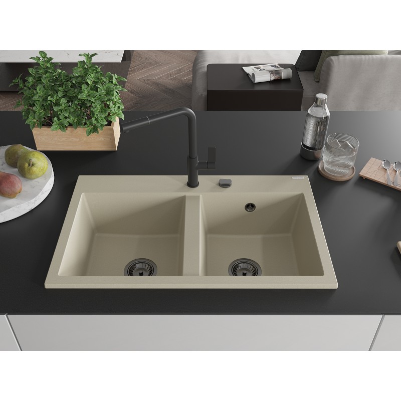 Mexen Hektor évier en granit 2 bacs 800 x 480 mm, beige, siphon noir - 6521802000-69-B