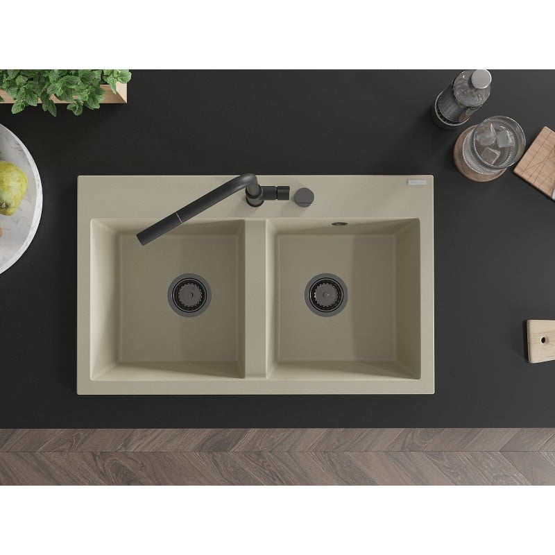 Mexen Hektor évier en granit 2 bacs 800 x 480 mm, beige, siphon noir - 6521802000-69-B