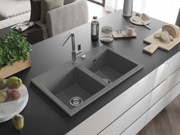 Mexen Hektor évier en granit 2 bacs 800 x 480 mm, gris, siphon chromé - 6521802000-71