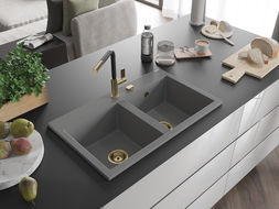 Mexen Hektor évier en granit 2 bacs 800 x 480 mm, gris, siphon doré - 6521802000-71-G