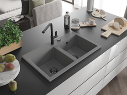 Mexen Hektor évier en granit à 2 bacs 800 x 480 mm, gris, siphon noir - 6521802000-71-B