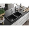 Mexen Hektor évier en granit à 2 bacs 800 x 480 mm, noir/argent métallique, siphon chrome - 6521802000-73