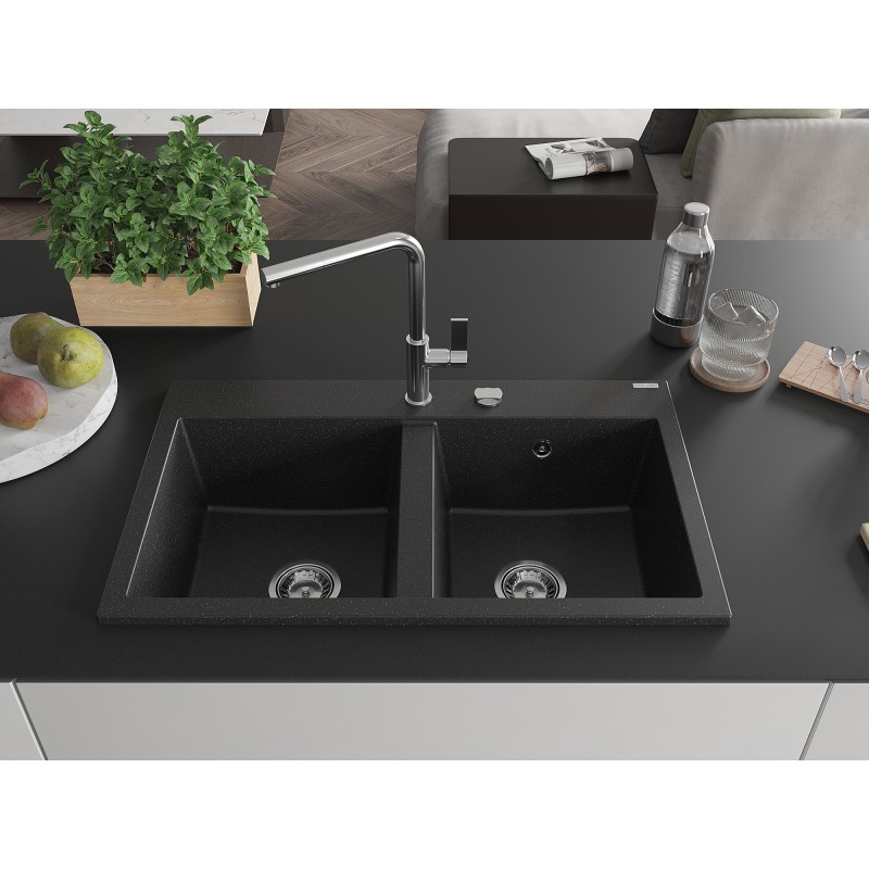 Mexen Hektor évier en granit à 2 bacs 800 x 480 mm, noir/argent métallique, siphon chrome - 6521802000-73