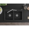 Mexen Hektor évier en granit à 2 bacs 800 x 480 mm, noir/argent métallique, siphon chrome - 6521802000-73