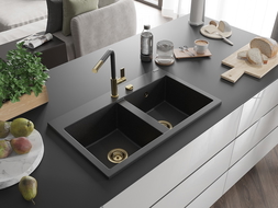 Mexen Hektor évier en granit à 2 bacs 800 x 480 mm, noir/argent métallique, siphon doré - 6521802000-73-G