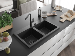 Mexen Hektor évier en granit 2 bacs 800 x 480 mm, noir/argent métallique, siphon noir - 6521802000-73-B