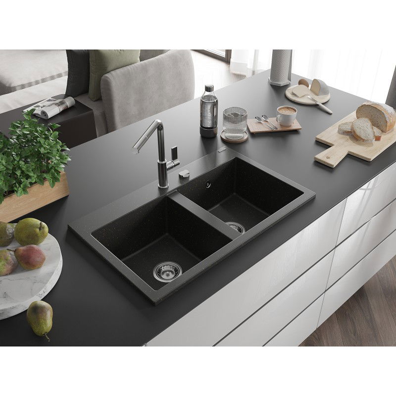 Mexen Hektor évier en granit 2 bacs 800 x 480 mm, noir/doré métallisé, siphon chrome - 6521802000-75