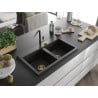 Mexen Hektor évier en granit à 2 bacs 800 x 480 mm, noir/doré métallique, siphon doré - 6521802000-75-G