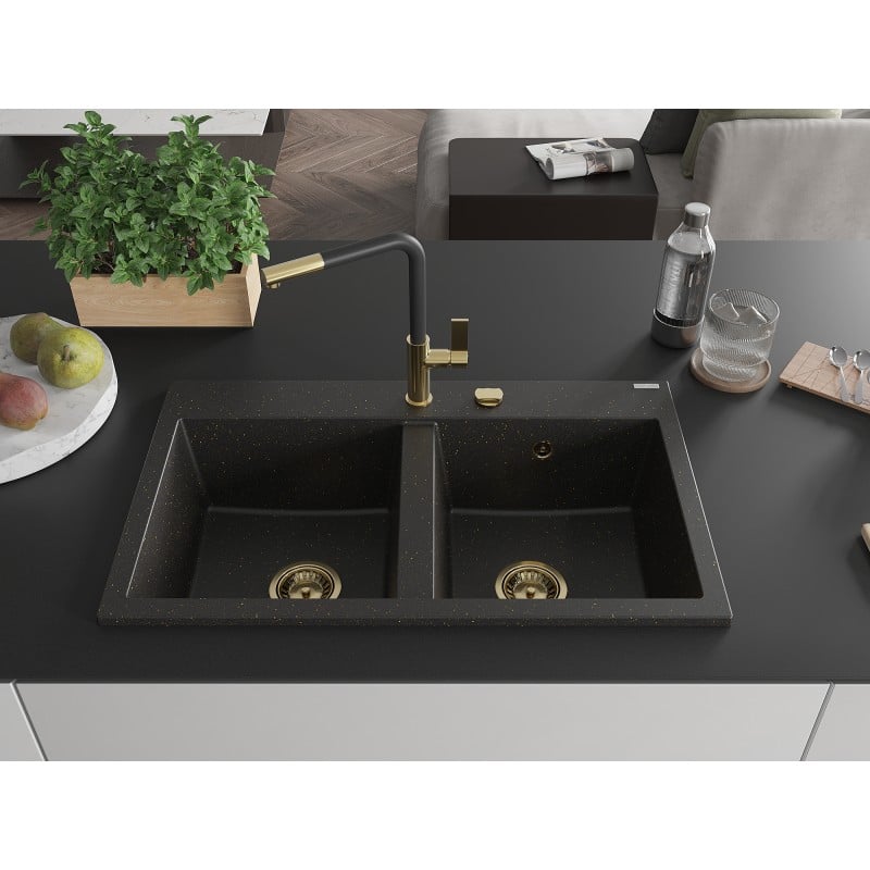Mexen Hektor évier en granit à 2 bacs 800 x 480 mm, noir/doré métallique, siphon doré - 6521802000-75-G