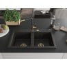 Mexen Hektor évier en granit à 2 bacs 800 x 480 mm, noir/doré métallique, siphon doré - 6521802000-75-G