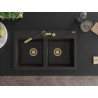 Mexen Hektor évier en granit 2 bacs 800 x 480 mm, noir/doré métallique, siphon doré - 6521802000-75-G