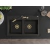 Mexen Hektor évier en granit à 2 bacs 800 x 480 mm, noir/doré métallique, siphon doré - 6521802000-75-G