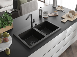 Mexen Hektor évier en granit 2 bacs 800 x 480 mm, noir/doré métallisé, siphon noir - 6521802000-75-B