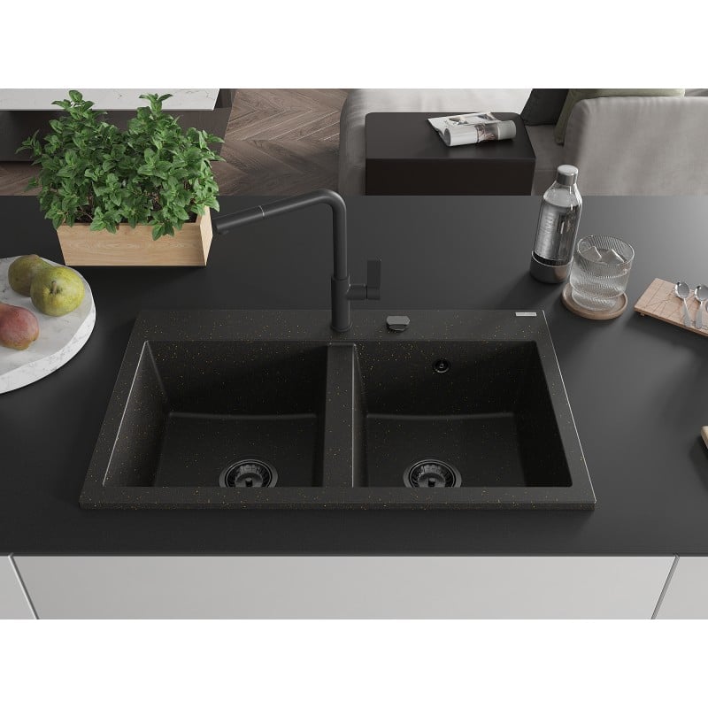 Mexen Hektor évier en granit double cuve 800 x 480 mm, noir/or métallisé, siphon noir - 6521802000-75-B