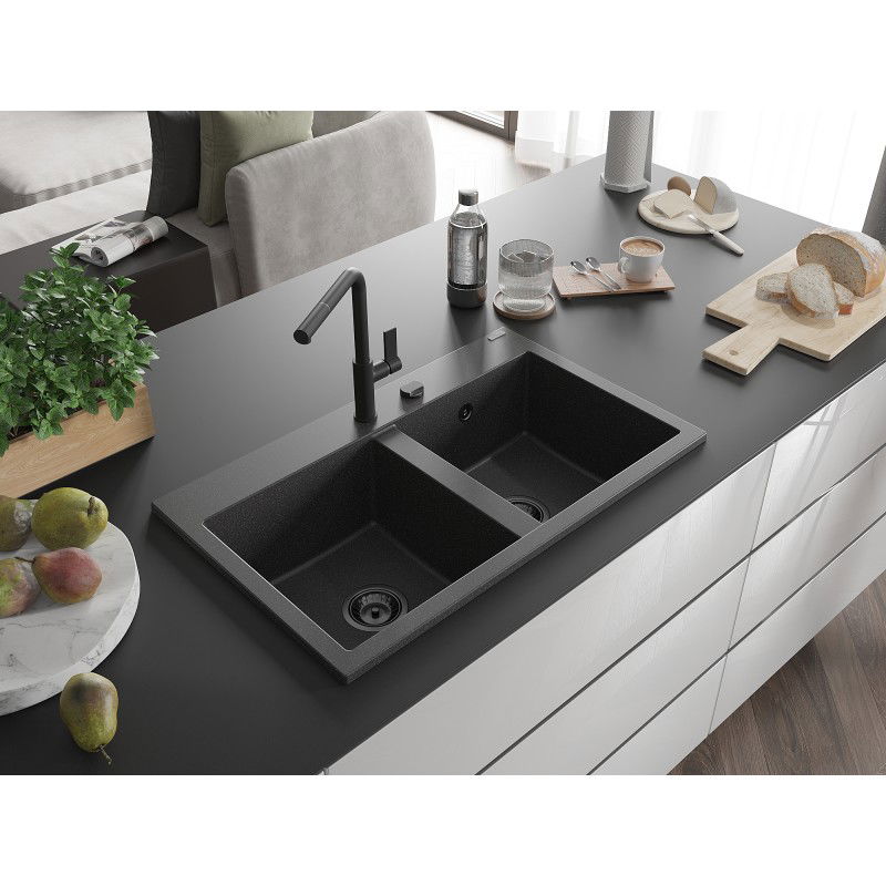 Mexen Hektor évier en granit à 2 bacs 800 x 480 mm, noir moucheté, siphon noir - 6521802000-76-B