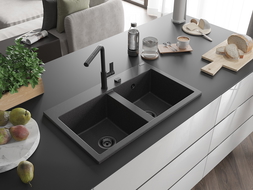 Mexen Hektor évier en granit 2 bacs 800 x 480 mm, noir moucheté, siphon noir - 6521802000-76-B