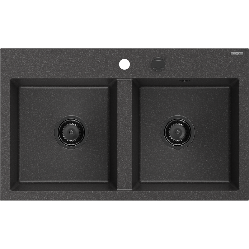 Mexen Hektor évier en granit à 2 bacs 800 x 480 mm, noir moucheté, siphon noir - 6521802000-76-B