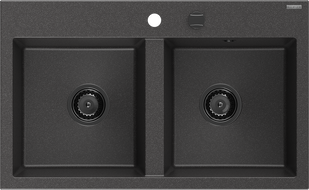 Mexen Hektor évier en granit 2 bacs 800 x 480 mm, noir moucheté, siphon noir - 6521802000-76-B