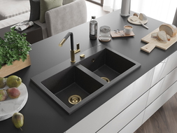 Mexen Hektor évier en granit à 2 bacs 800 x 480 mm, noir moucheté, siphon doré - 6521802000-76-G